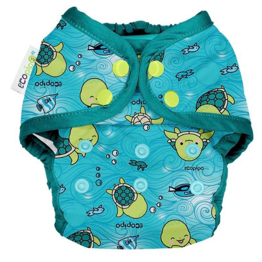 Swimming Print Snaps One-Size Cloth Diaper Turtle Green